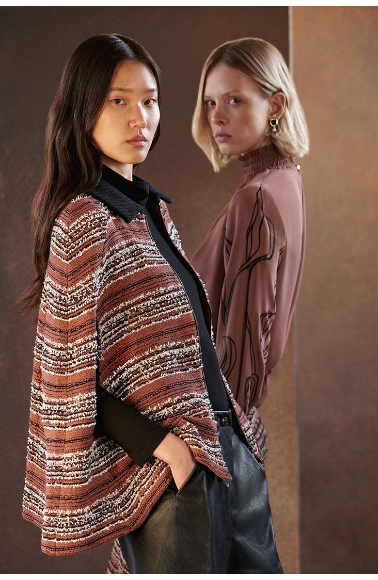 Ming Wang Collared Zip Front Cozy Knit Cape, Alternate, color, Chestnut/Black/Ivory