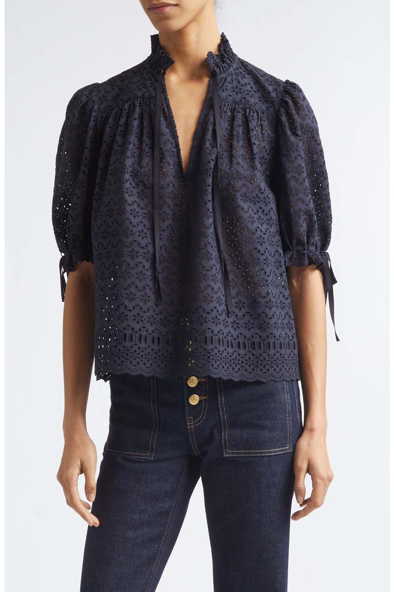 Alouette Eyelet Puff Shoulder Top, Main, color, MIDNIGHT