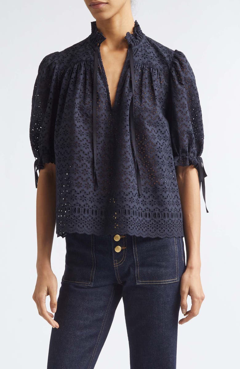 Ulla Johnson Alouette Eyelet Puff Shoulder Top, Main, color, Midnight