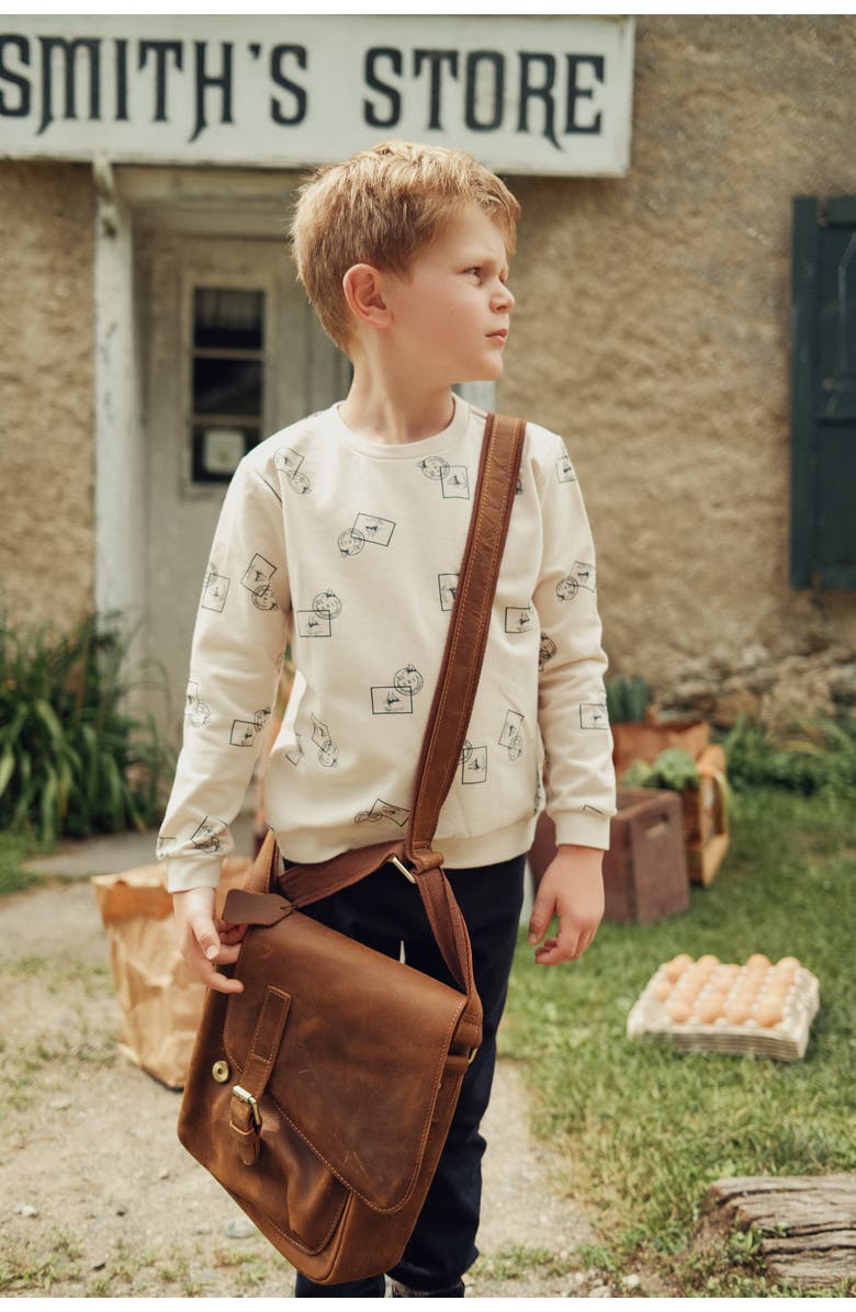 Puddles Boy Stamp Print Long Sleeve French Fleece Sweatshirt, Alternate, color, Dark Almond/Blue