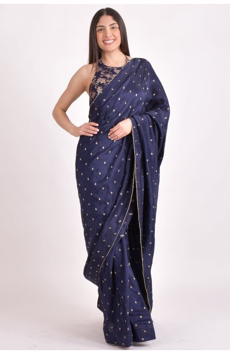 RAAS Jacquard Floral Pre-Pleated Saree With Halter Blouse, Main, color, Navy