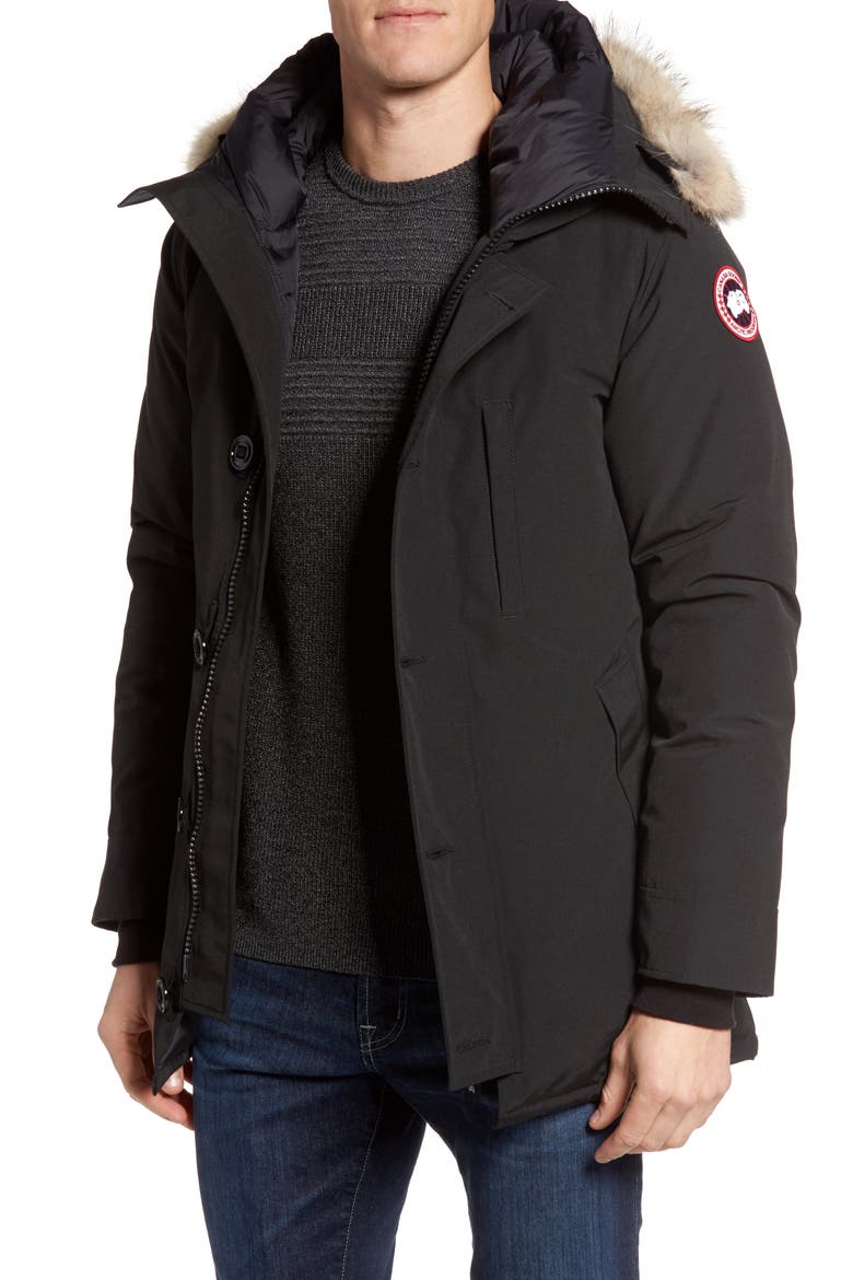 'Chateau' Slim Fit Genuine Coyote Fur Trim Jacket, Main, color, BLACK