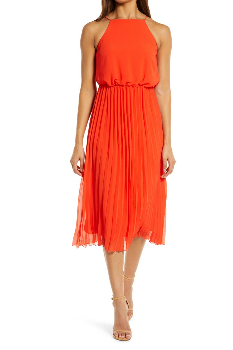 Sleeveless Pleated Midi Dress, Main, color, CORAL