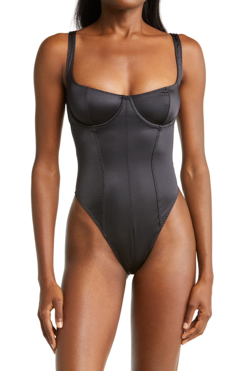 SKIMS Stretch Satin Underwire Thong Bodysuit, Main, color,