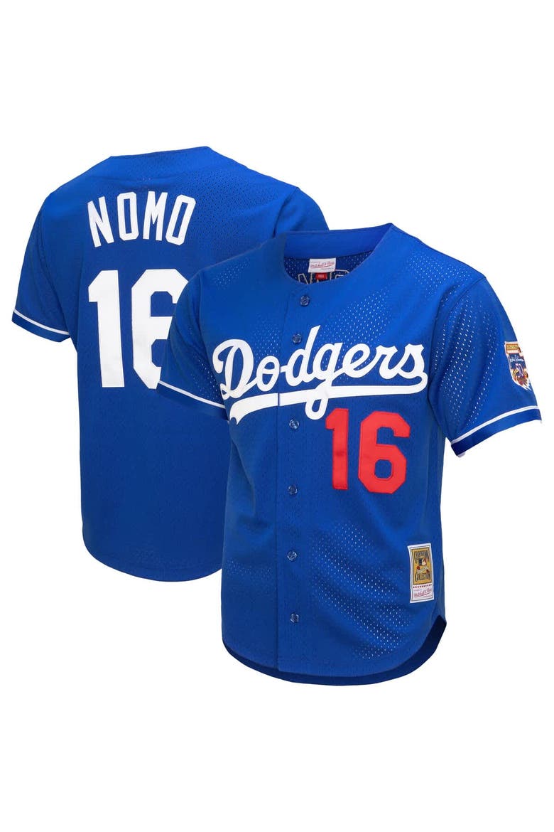 Men's Mitchell & Ness Hideo Nomo Royal Los Angeles Dodgers Cooperstown Collection Mesh Batting Practice Button-Up Jersey, Main, color, Royal