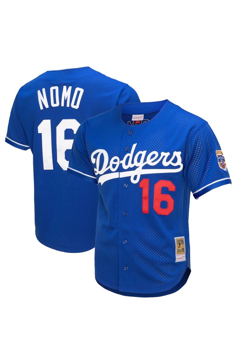 Mitchell & Ness Men's Mitchell & Ness Hideo Nomo Royal Los Angeles Dodgers Cooperstown Collection Mesh Batting Practice Button-Up Jersey, Main, color, 