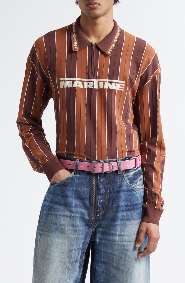 Martine Rose Logo Jacquard Stripe Long Sleeve Zip Polo, Main, color, Brown
