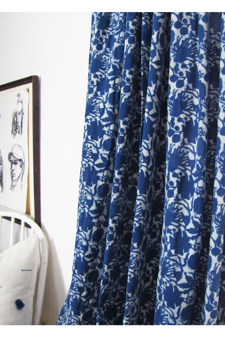 Boho Window Curtain Flowers Cotton Panel, Alternate, color, Indigo Blue, White