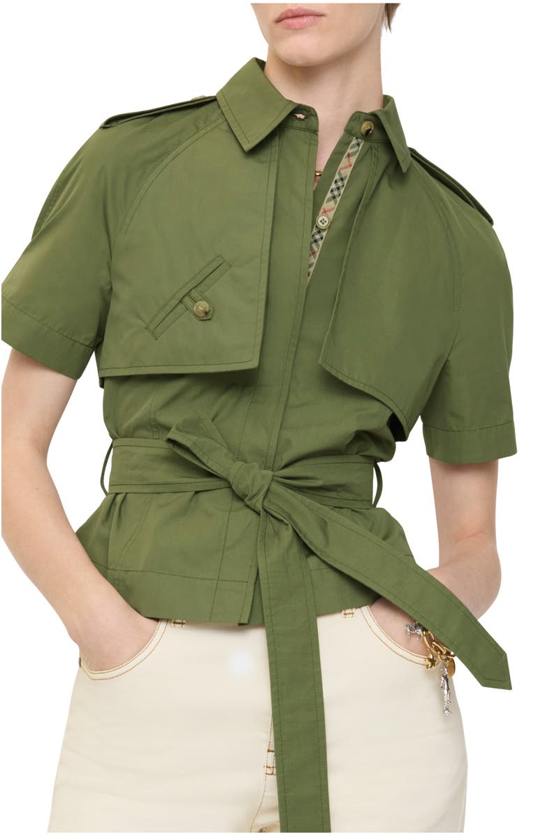 Burberry Cropped Cotton Poplin Trench Shirt, Main, color, Pasture Green