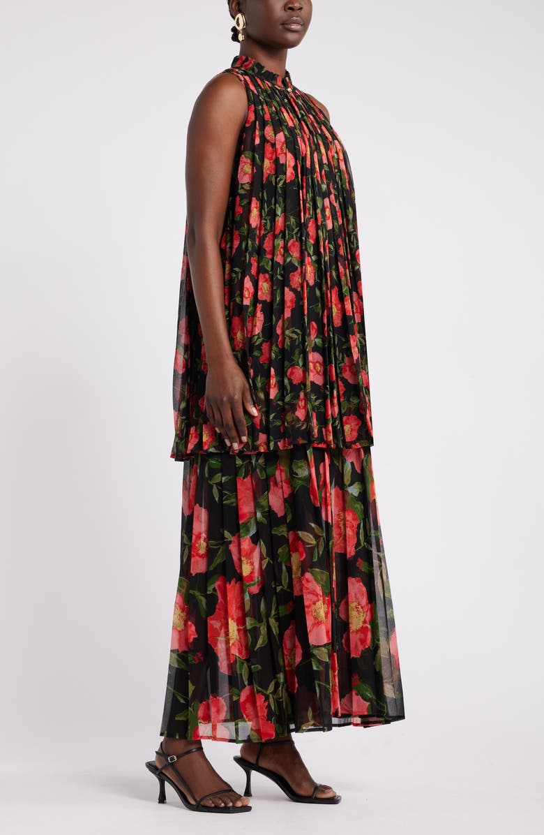 Nordstrom x Harlem's Fashion Row Harbison Floral Long Sleeve Pleat Maxi Dress, Alternate, color, Black- Red Poppy Float