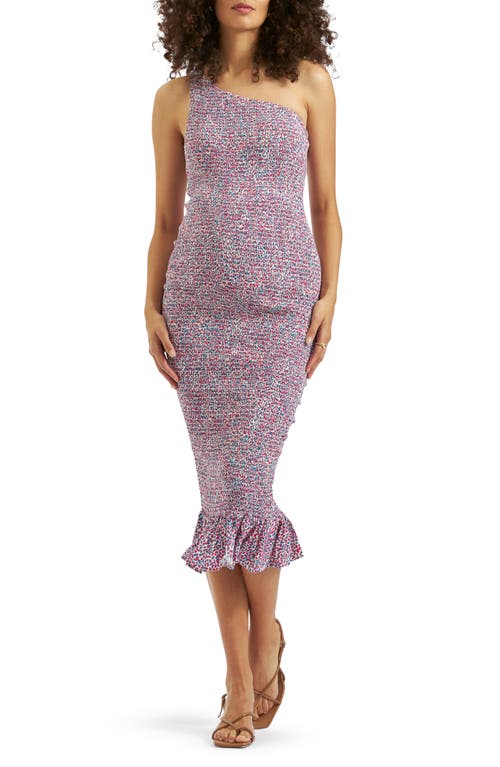 Shop Ripe Maternity Skipper Smocked One-shoulder Midi Maternity Dress In Pink Blue