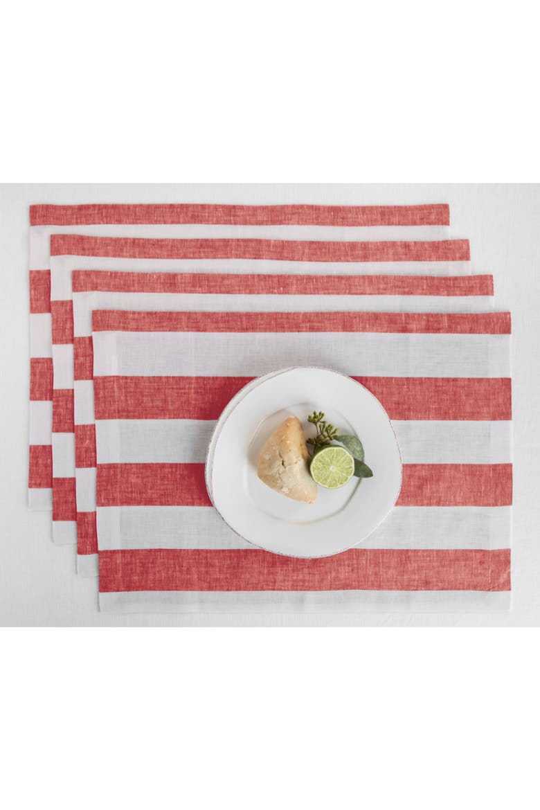 Linen Placemats Set of 4, 14 x 19" - Cabana Stripe, Main, color, Red and White