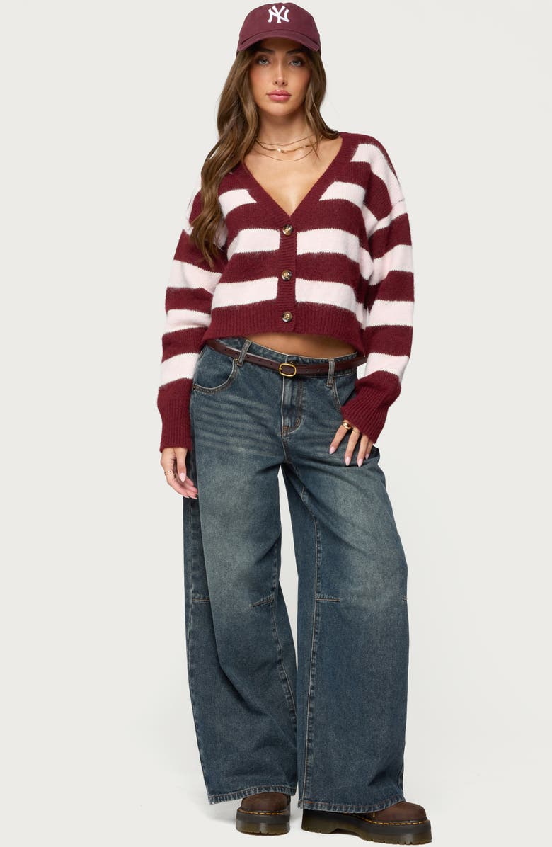 EDIKTED Kaz Stripe V-Neck Cardigan, Alternate, color, Burgundy
