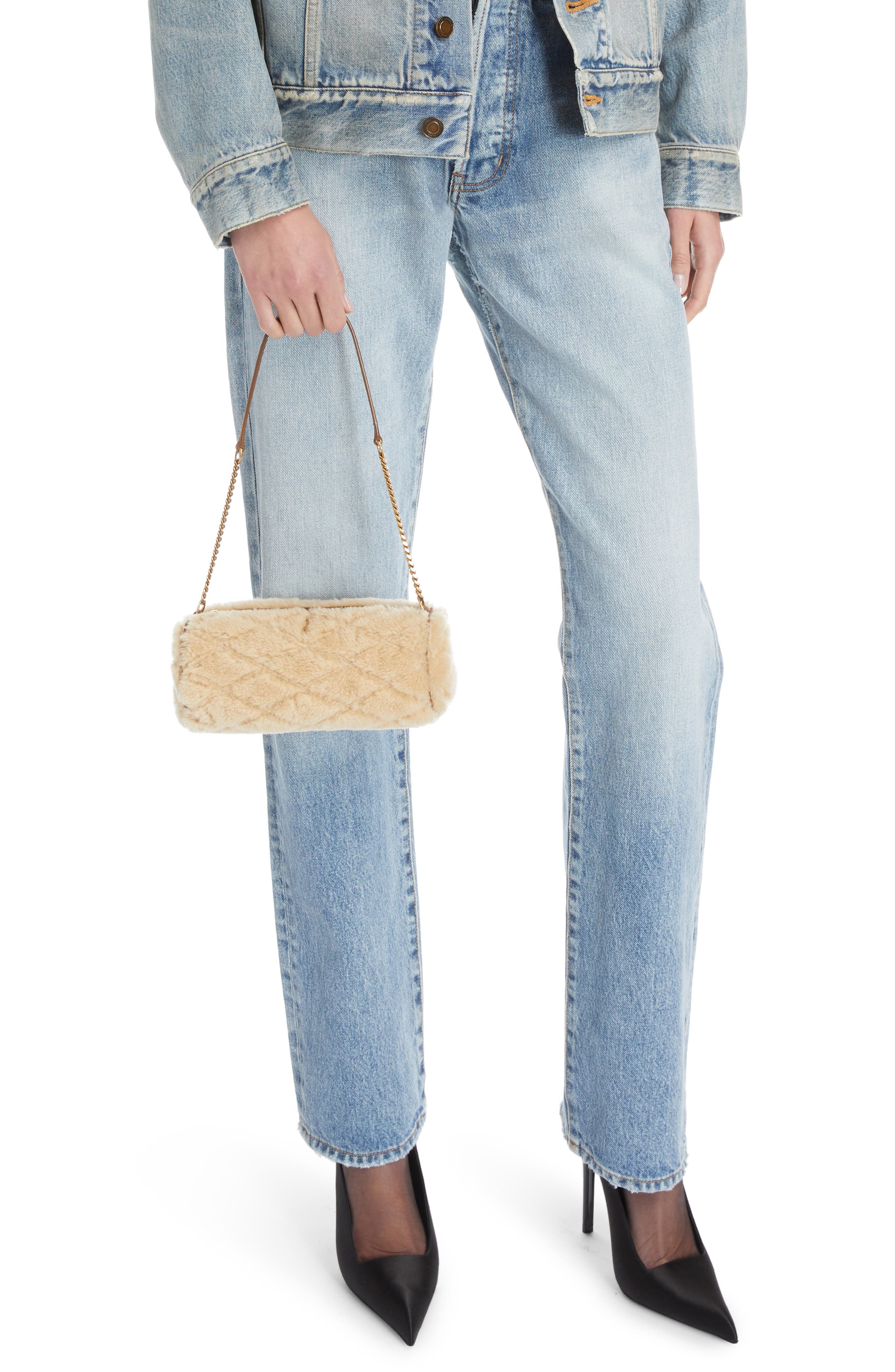 Saint Laurent Small Sade Quilted Genuine Shearling Tube Bag, Alternate, color, Natural Beige/ Dark Cigar