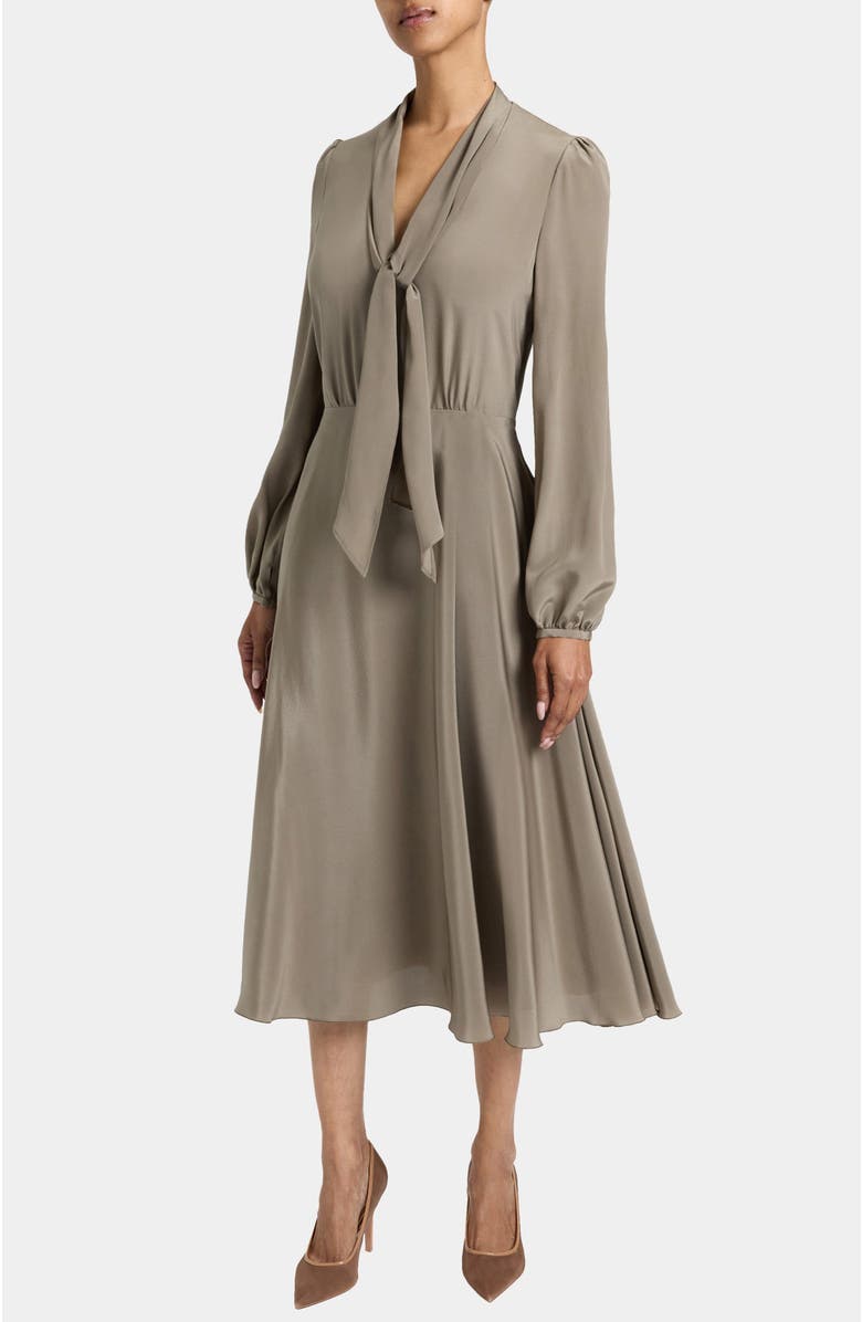 Santorelli Jenn Silk Tie Neck Midi Dress, Alternate, color, Sahara