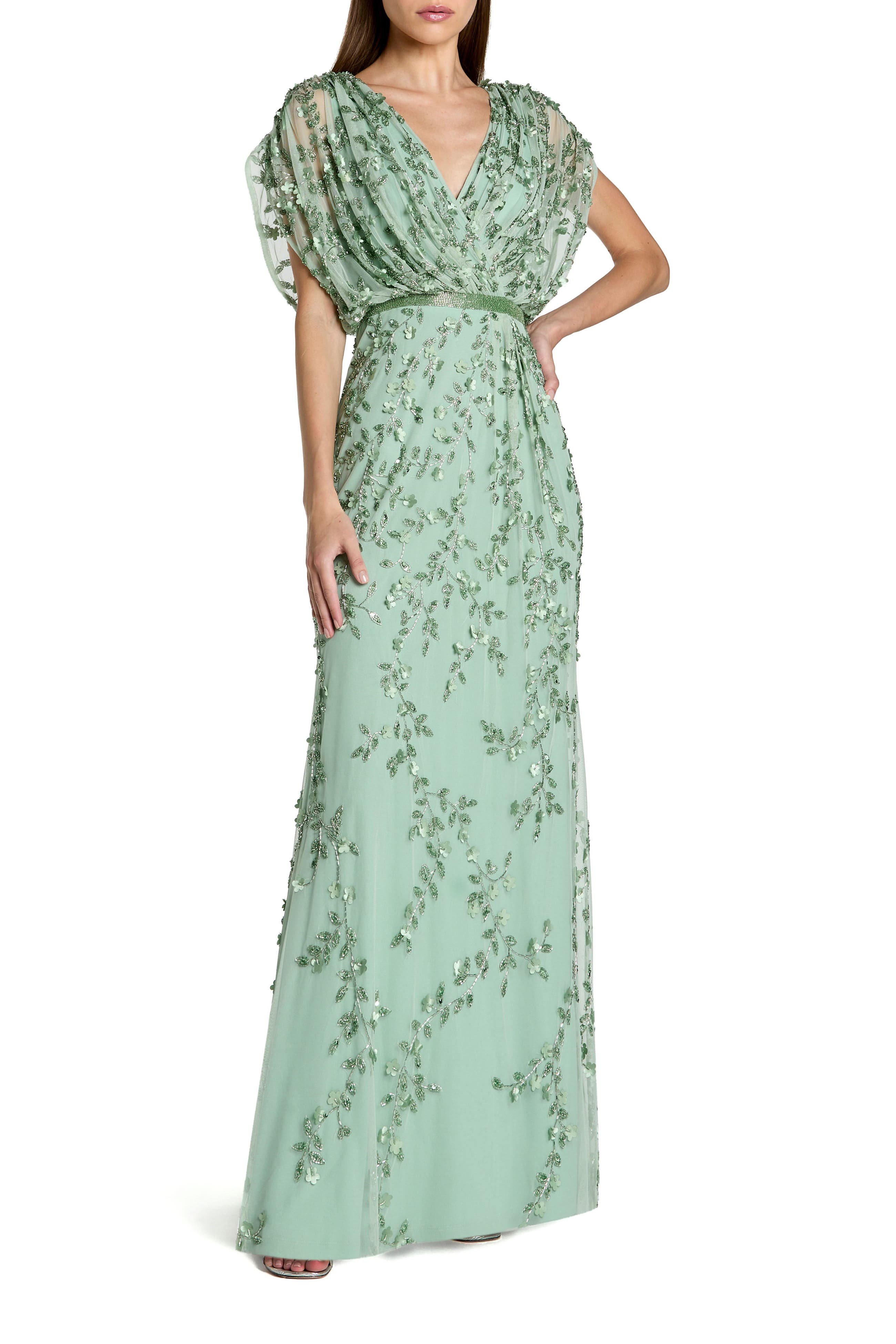 Mac Duggal Beaded V-neck Short Sleeve Blouson Gown In Green