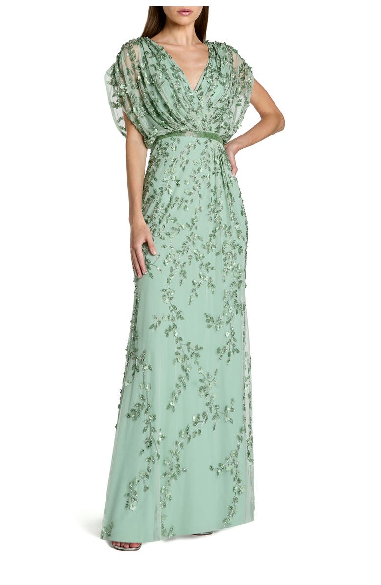 Mac Duggal Beaded V-Neck Short Sleeve Blouson Gown, Main, color, Seafoam