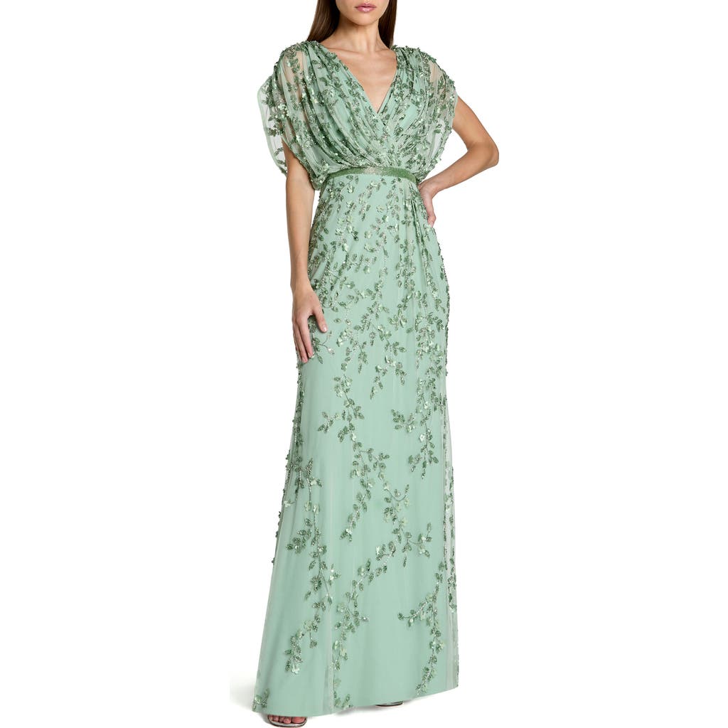 Mac Duggal Beaded V-neck Short Sleeve Blouson Gown In Green