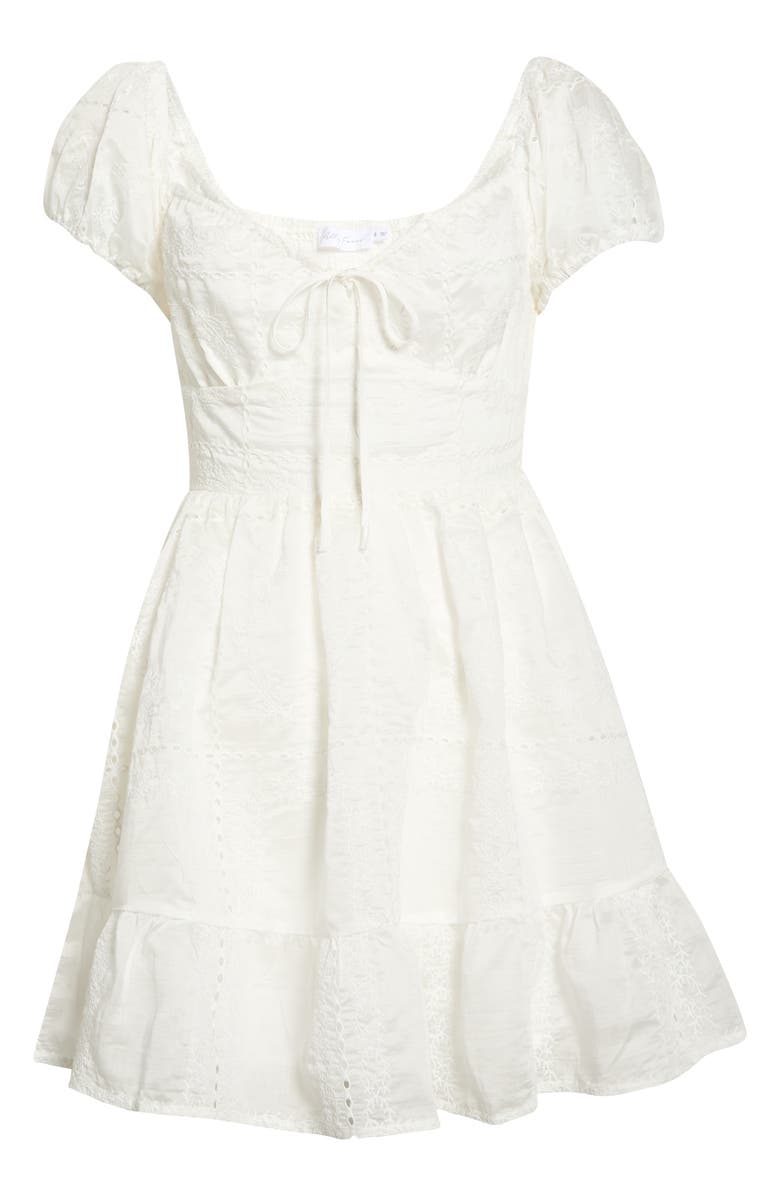 All in Favor Embroidered Eyelet Ruffle Hem Minidress, Main, color, White