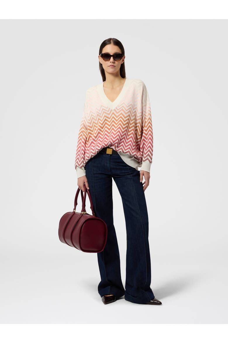 V-neck Pullover In Cotton And Viscose Chevron Dégradé, Alternate, color, Lilac& Rust