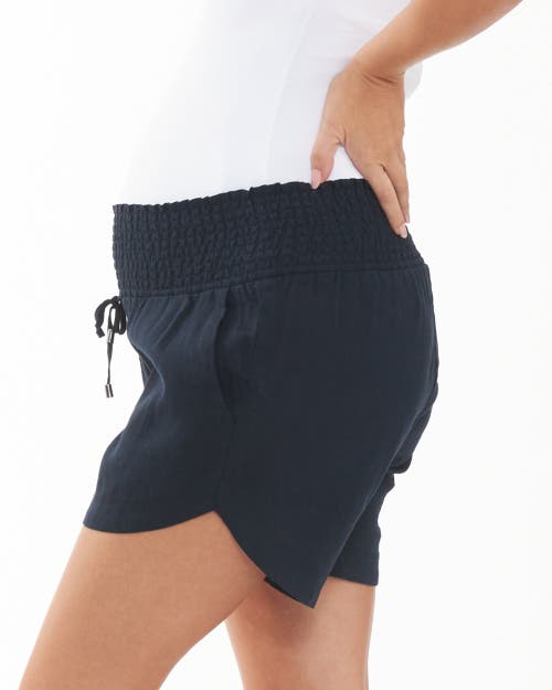 Ripe Maternity Indi Smocked Linen Blend Drawstring Maternity Shorts In Blue