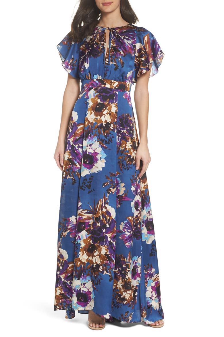 Floral Maxi Dress, Alternate, color, FRENCH BLUE FLORAL SATIN