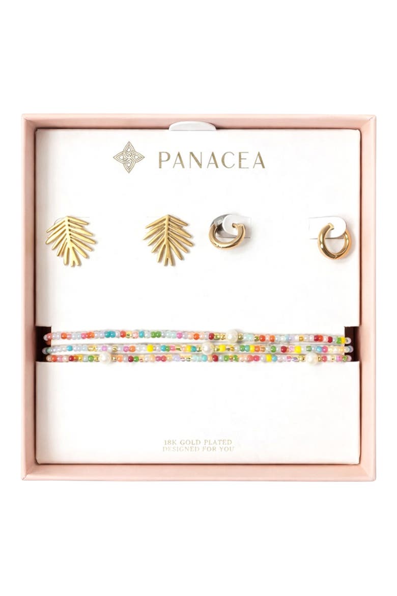 Palm Leaf Stud, Huggie Hoop Earrings & Beaded Stretch Bracelets Set, Main, color, MULTI