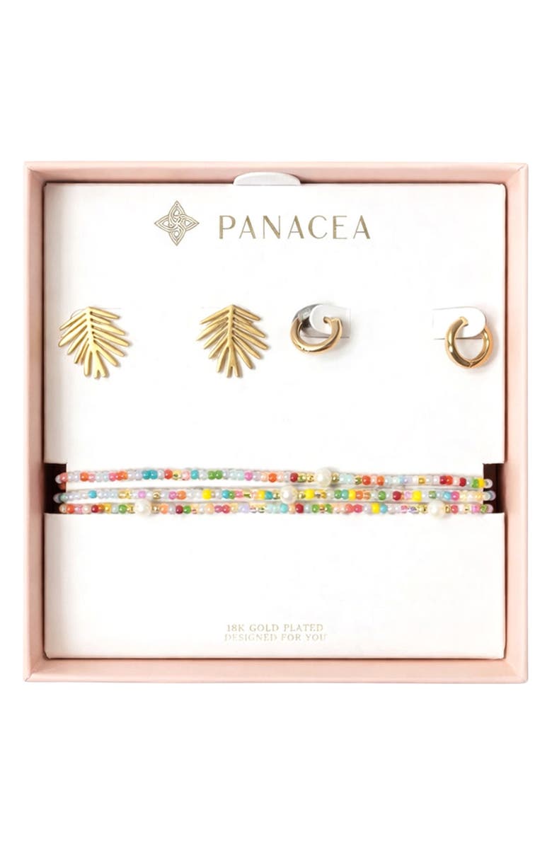 Panacea Palm Leaf Stud, Huggie Hoop Earrings & Beaded Stretch Bracelets Set, Main, color, Multi