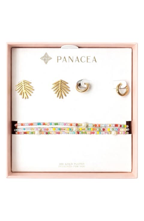 Palm Leaf Stud, Huggie Hoop Earrings & Beaded Stretch Bracelets Set