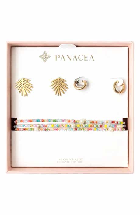 Panacea Palm Leaf Stud, Huggie Hoop Earrings & Beaded Stretch Bracelets Set