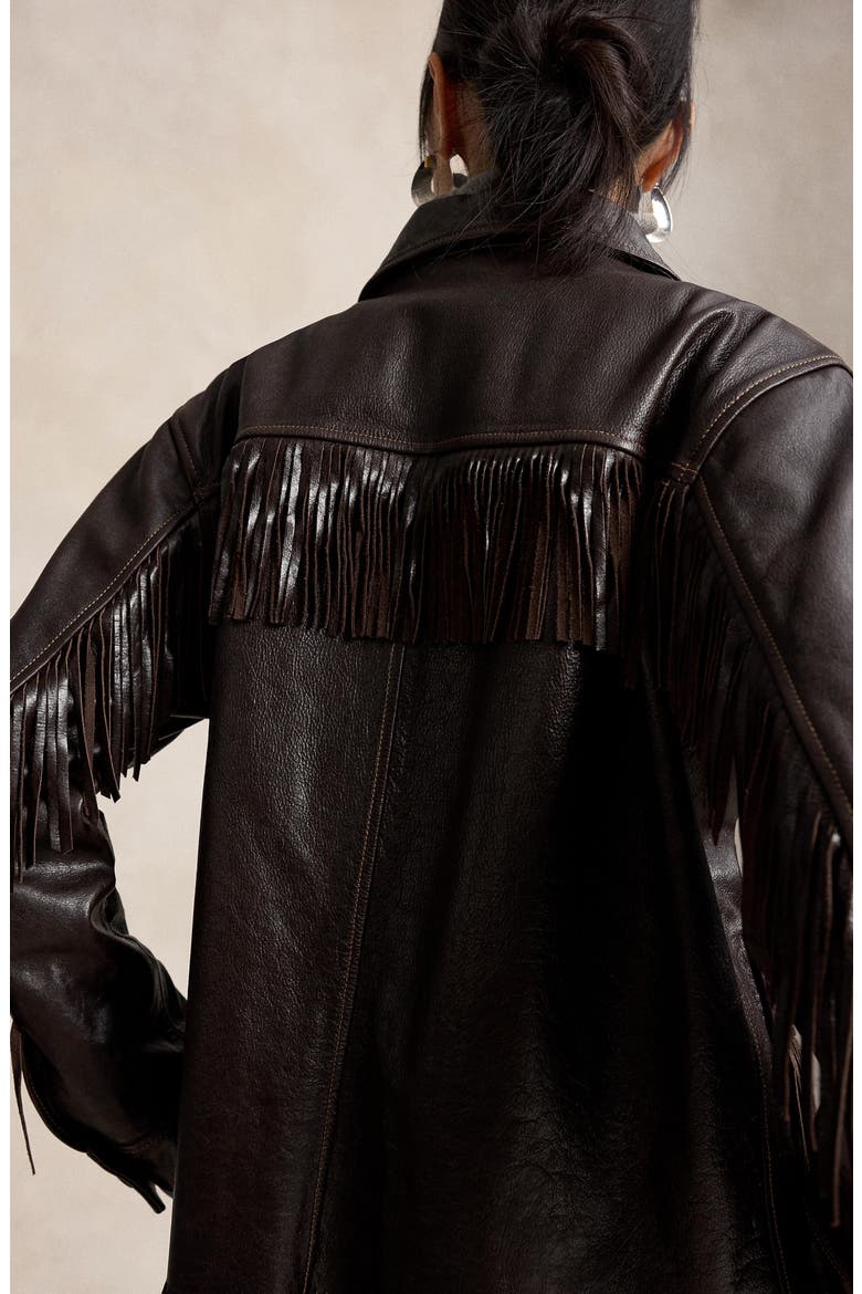 Fringe Trim Leather Shirt, Alternate, color, DARK CHOCOLATE