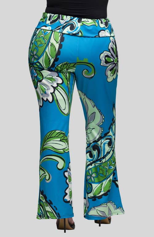 Shop 24seven Comfort Apparel Paisley Print Foldover Waist Pants In Blue Multi