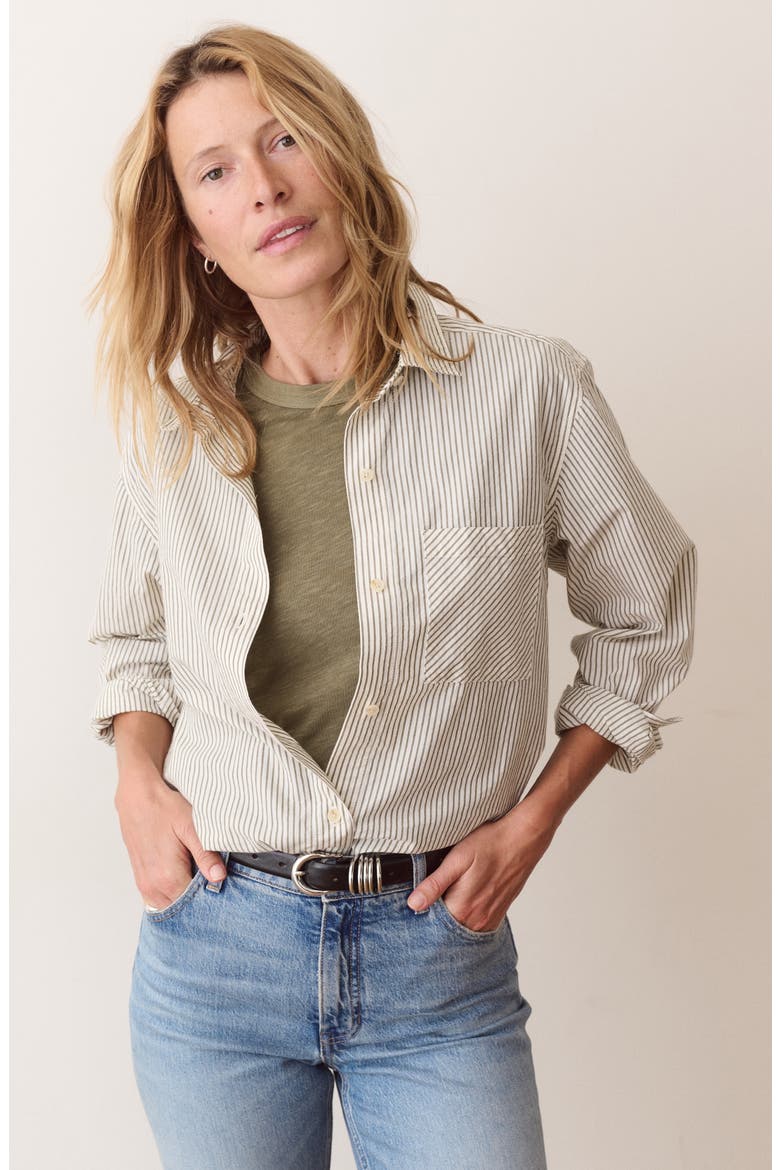 Jane Relaxed Pinstriped Pima Cotton Shirt, Alternate, color, OLIVE PINSTRIPE