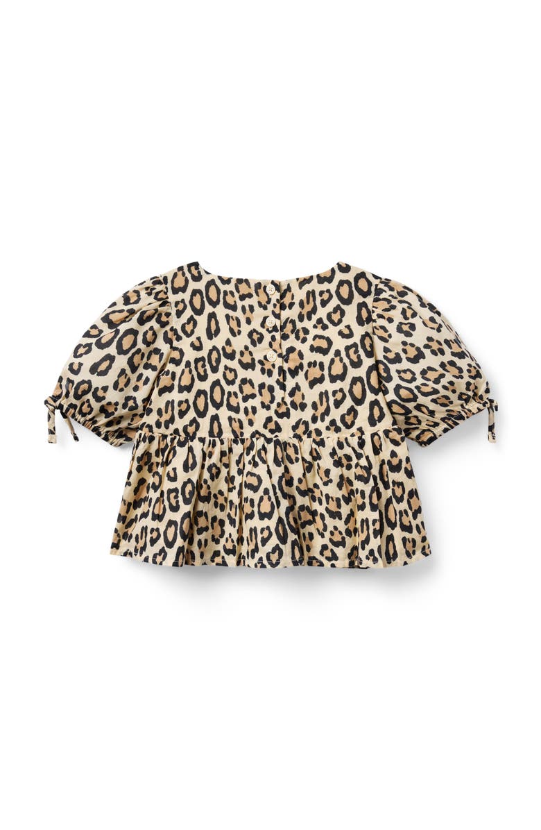 Janie and Jack Leopard Puff Sleeve Peplum Top, Alternate, color, Beige