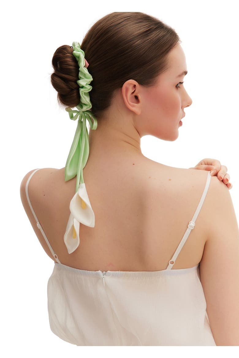 Calla Lily Silk Hair Tie Scrunchie, Alternate, color, White and Green