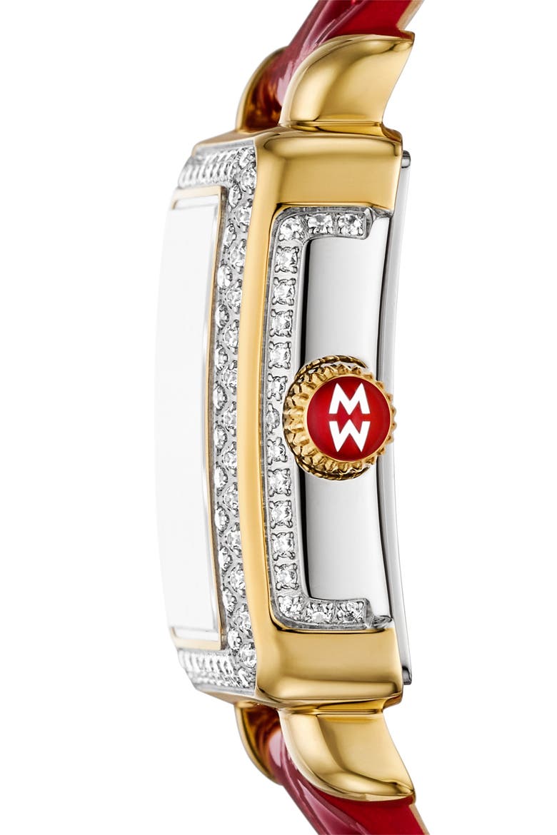 Mini Deco Madison Special Edition Two-Tone 18K Gold Plate Diamond Pavé Leather Strap Watch, 23mm x 24mm, Alternate, color, TWO TONE / RED