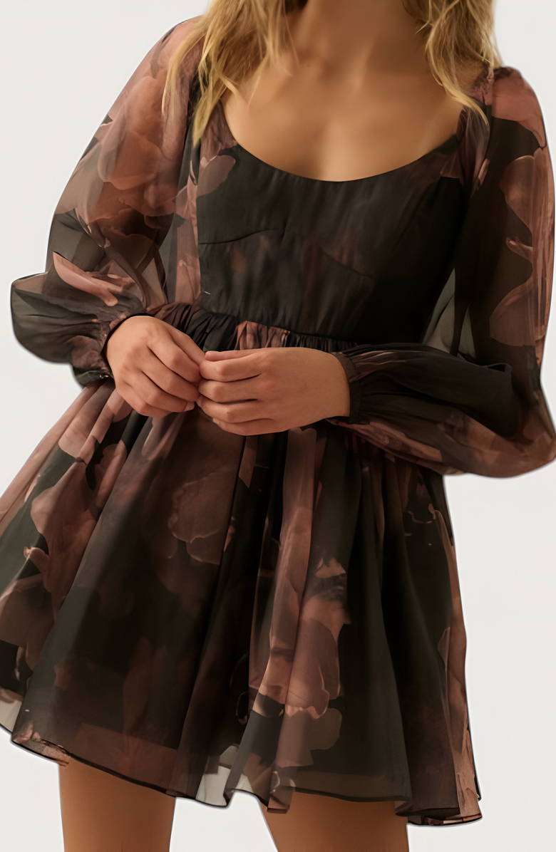 Modenaire Floral Organza Bubble-Sleeve Tulle-Layered Mini Dress, Alternate, color, Floral Organza