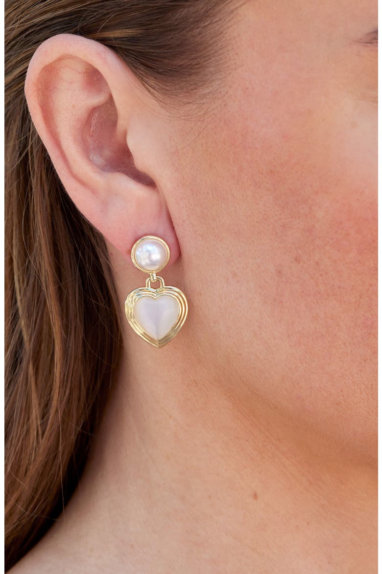 Faux Pearl & Mother-of-Pearl Heart Drop Earrings, Alternate, color, YELLOW