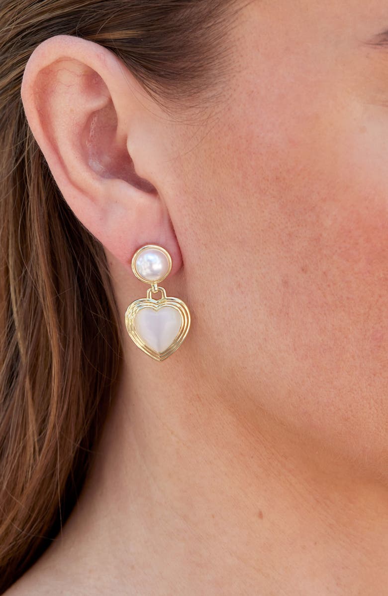 SAVVY CIE JEWELS Faux Pearl & Mother-of-Pearl Heart Drop Earrings, Alternate, color, Yellow