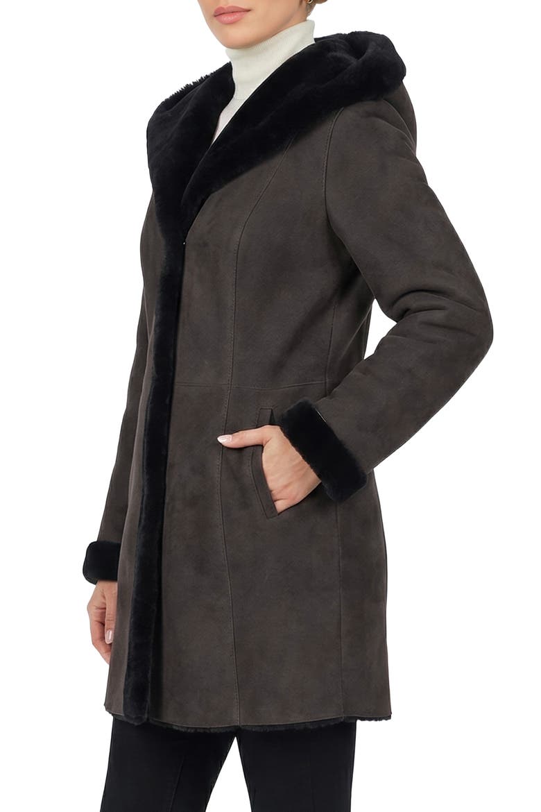 Merino Shearling Hooded Coat, Alternate, color, DARK BROWN