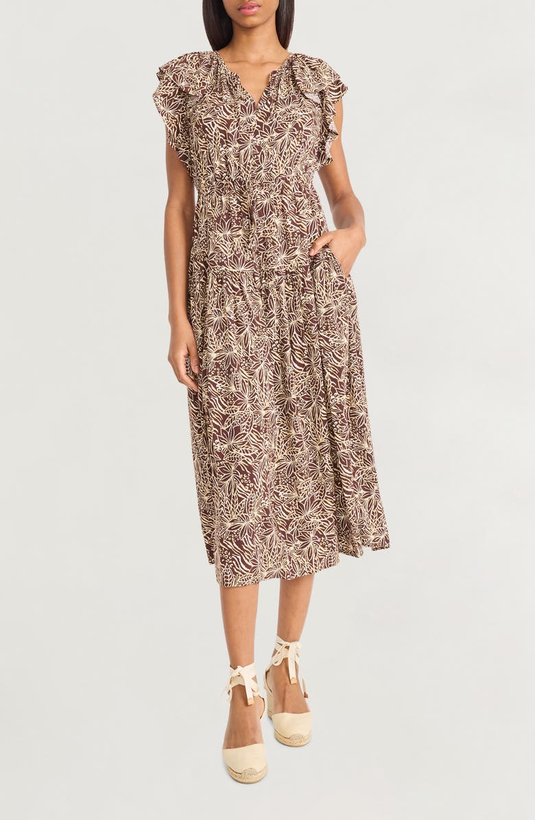 The Good Journey Ruffle Cap Sleeve Midi Dress, Main, color, Brown/ Ivory