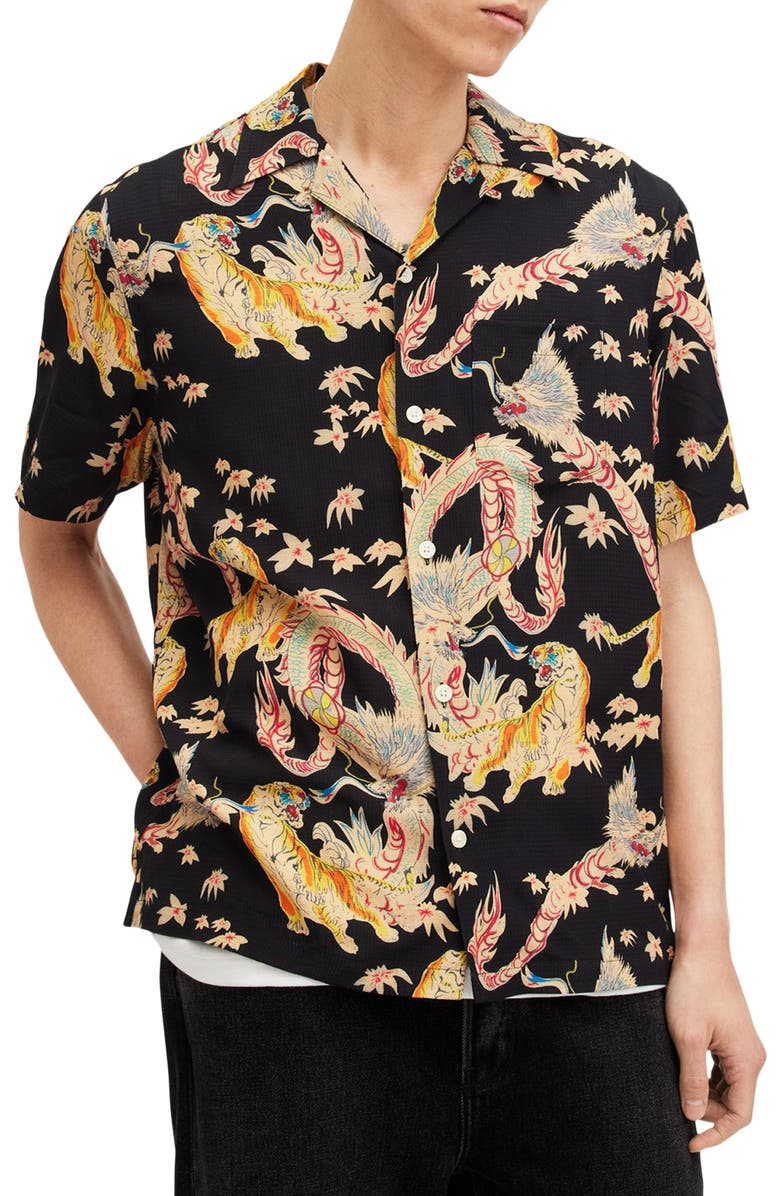 AllSaints Dragon Print Camp Shirt, Main, color, 