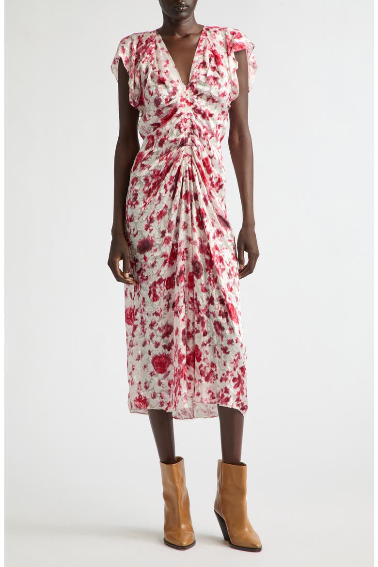 Lyndsay Floral Burnout Devoré Georgette Midi Dress, Alternate, color, ECRU/ PINK