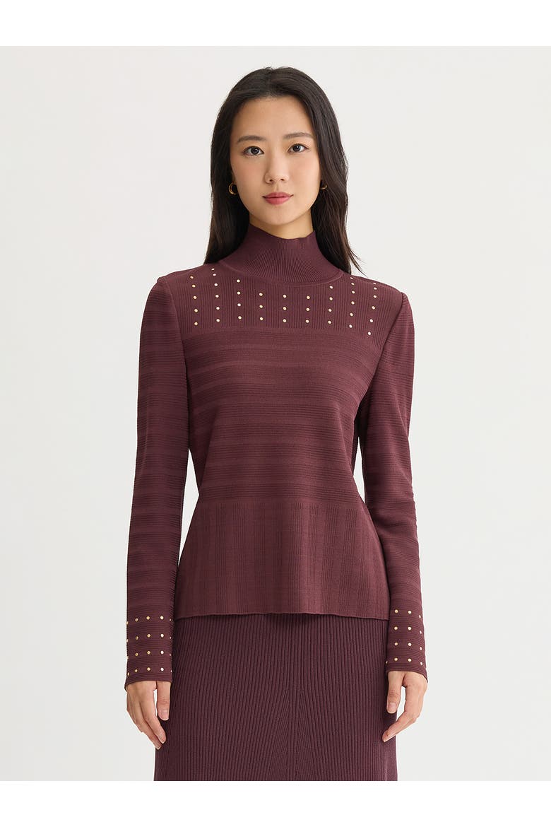 Studded Mock Neck Ribbed Knit Top, Main, color, Mahogany
