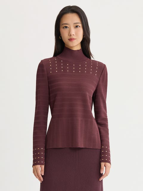 Studded Mock Neck Ribbed Knit Top
