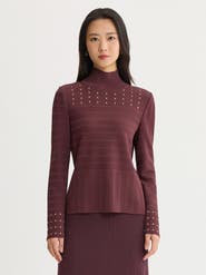 Misook Studded Mock Neck Ribbed Knit Top