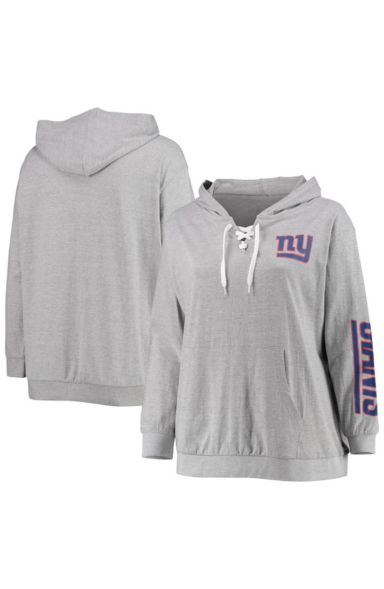 FANATICS Women's Fanatics Branded Heathered Gray New York Giants Plus Size Lace-Up Pullover Hoodie, Main, color,