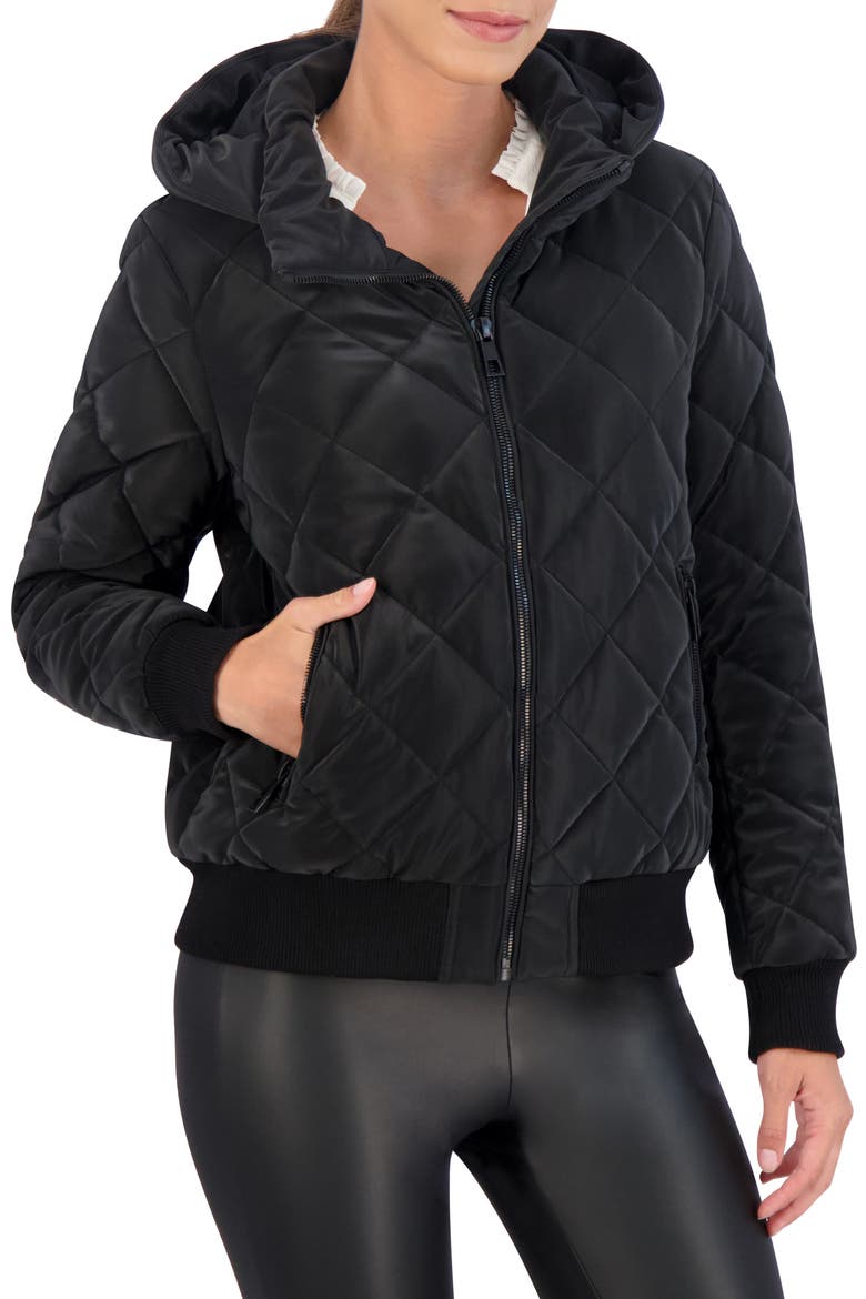 Water Resistant Hooded Quilted Bomber Jacket, Alternate, color, BLACK
