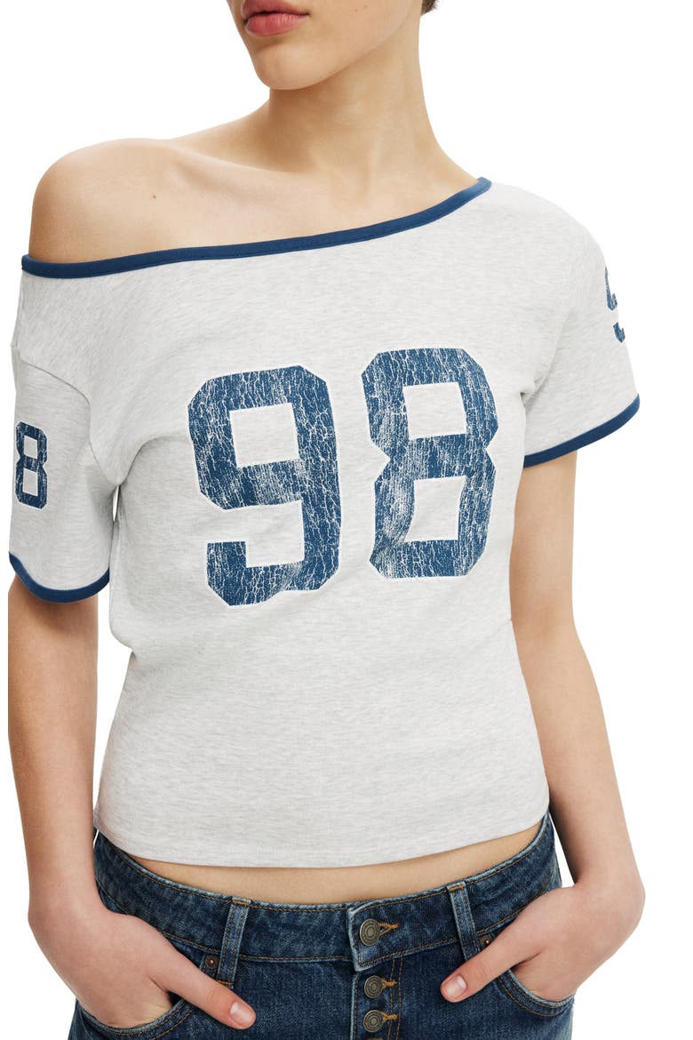 Women's The Fitted Off Shoulder Graphic Tee, Alternate, color, 98  Soft Grey Marle