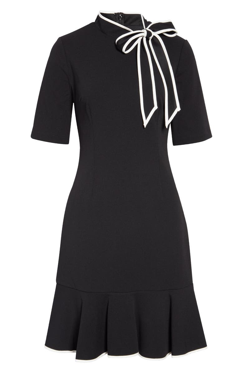 Adrianna Papell Tie Neck Short Sleeve Crepe Sheath Dress, Alternate, color, Black/Ivory